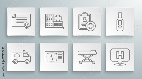 Set line Ambulance car, Hospital building, Monitor with cardiogram, Stretcher, Location hospital, Patient record, Digital thermometer and Certificate template icon. Vector