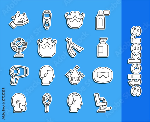 Set line Barbershop chair, Mustache and beard, Bottle of shampoo, Hand mirror, Shaving foam on hand and Straight razor icon. Vector