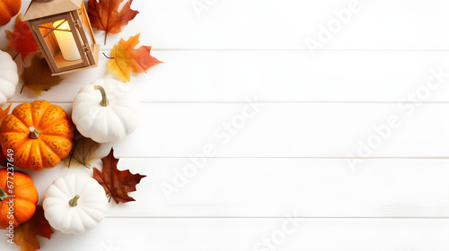 Thanksgiving Autumn leaves and pumpkins on white background with copy space