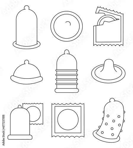 Different condoms. Coloring Page. Contraception and birth control methods concept. Safe sex. Hand drawn style. Vector drawing. Collection of design elements.