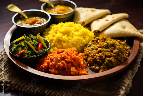 Traditional ethiopian cuisine food served on the table. National cuisine photo