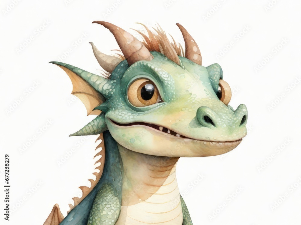Funny dragon character for children's book with watercolor paints
