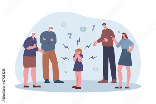 Girl conflict with family. Child disobedience, parents and grandparents scold kid. Abusing relationships, childish bad behavior kicky vector concept