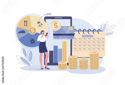 Personal budget planning. Female analysis finance, expenses and income. Girl save and invest money, thinking about life kicky vector concept