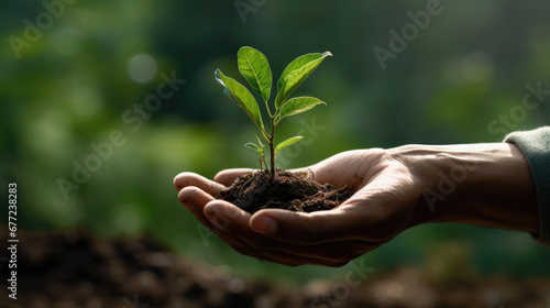 Man holding a young sapling, symbolizing growth and nurturing in nature