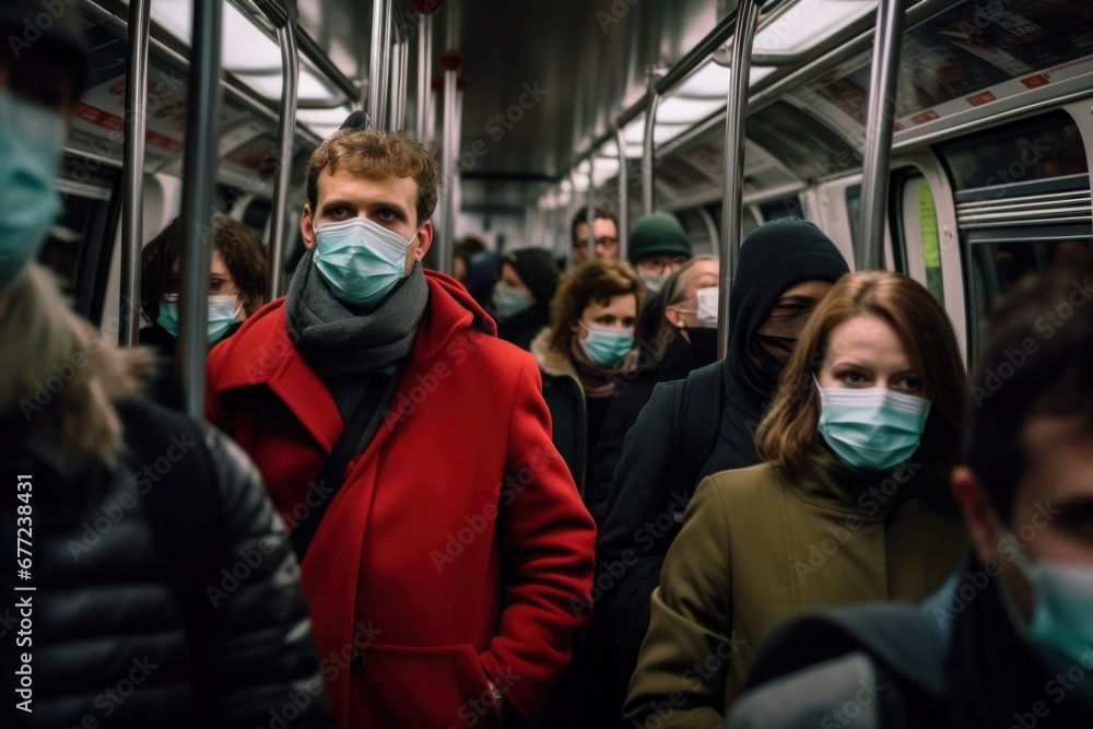 People on subway train wearing covid masks