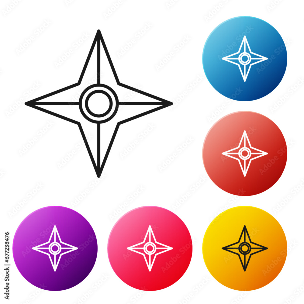 Black line Japanese ninja shuriken icon isolated on white background. Set icons colorful circle buttons. Vector Black line Japanese ninja shuriken icon isolated on white background. Set icons colorful circle buttons. Vector