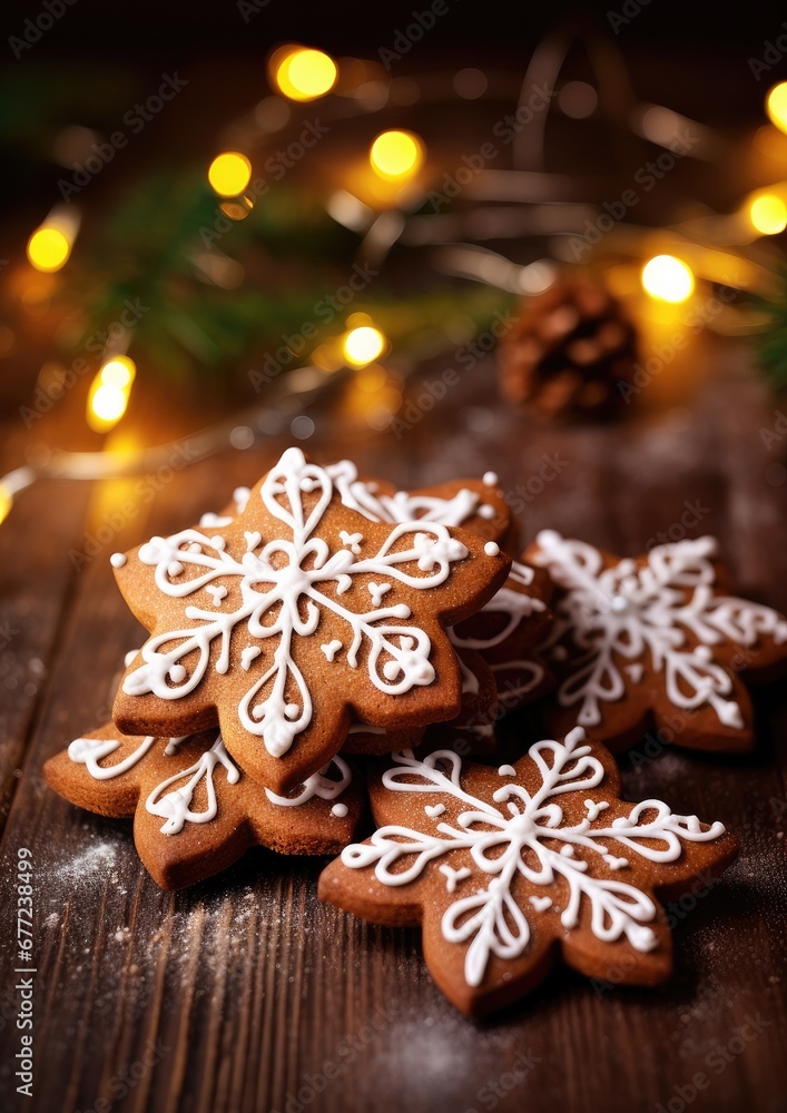 Tasty decorated gingerbread on a wooden table. Christmas pastry. Generative AI.