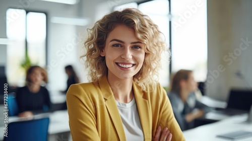 Photo of beautiful happy woman looking at camera while sitting at office photo