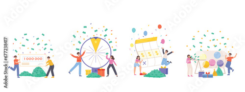 Lottery winners scenes. Happy lucky people with fortune wheel, happy ticket and money prize. Gambling games win, victory snugly vector concept