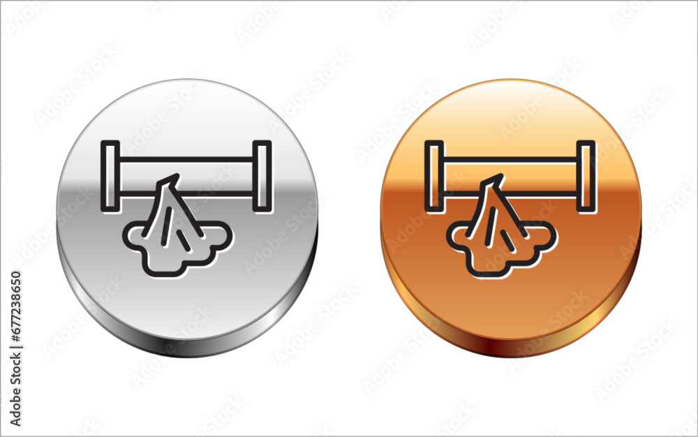 Black line Broken metal pipe with leaking water icon isolated on white background. Silver-gold circle button. Vector Black line Broken metal pipe with leaking water icon isolated on white background. Silver-gold circle button. Vector