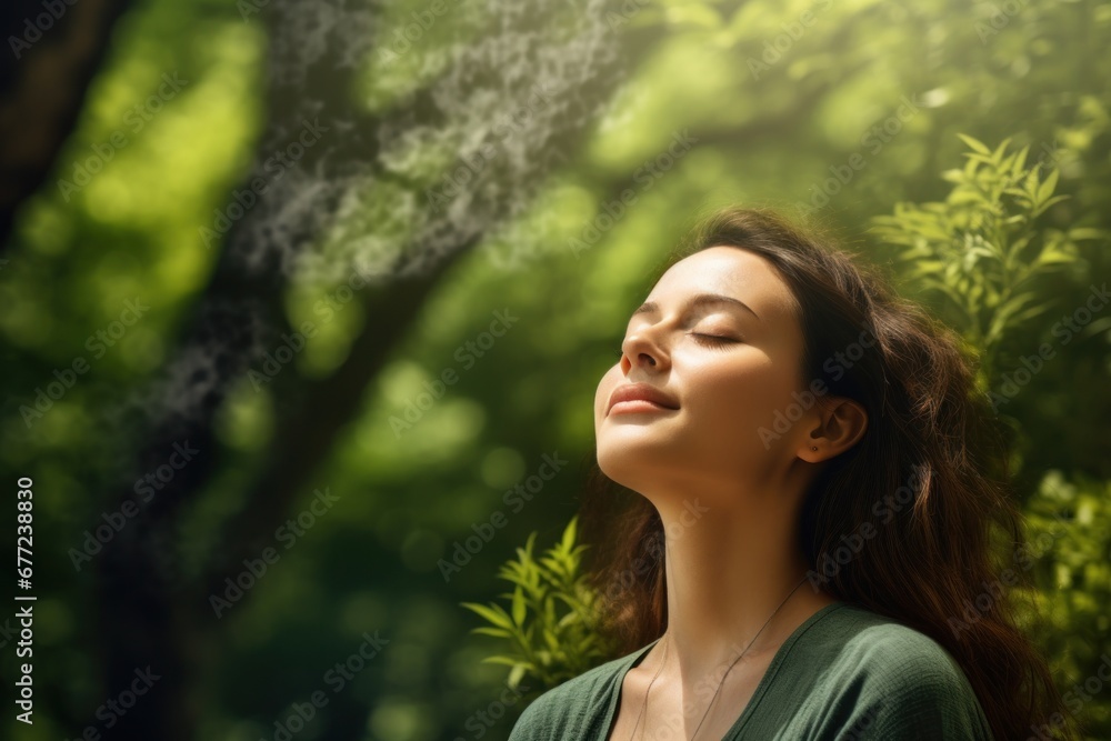 Young woman breathing clean fresh air in forest Young woman breathing clean fresh air in forest