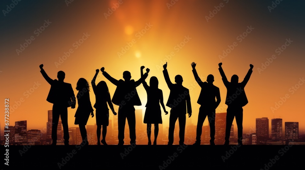 Silhouette of business team stand and feel happy on the most hight at stand on sunset, success, leader, teamwork, target, Aim, confident, achievement, goal, on plan, finish, generate by AI Silhouette of business team stand and feel happy on the most hight at stand on sunset, success, leader, teamwork, target, Aim, confident, achievement, goal, on plan, finish, generate by AI