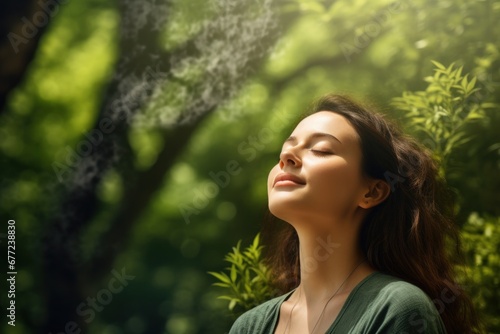 Young woman breathing clean fresh air in forest