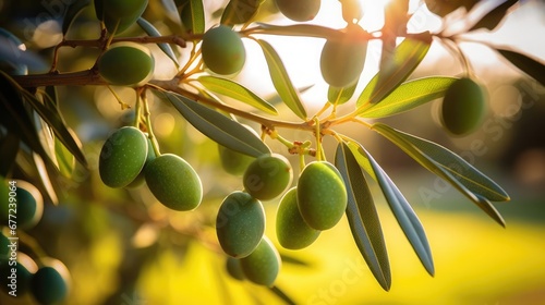 Olive tree brunch with ripe olives and leaves outside on sunny day in an orchard 
