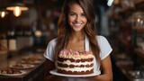 Happy young woman smiling at camera with birthday cake.