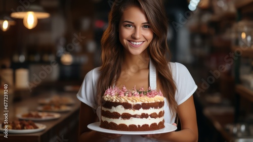 Happy young woman smiling at camera with birthday cake.