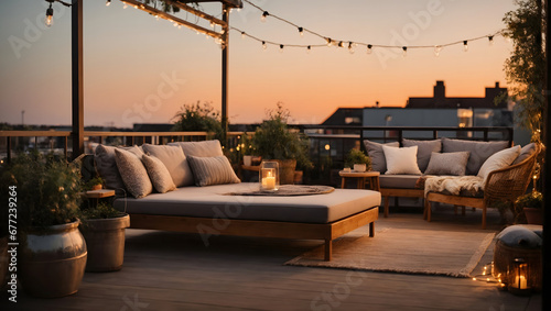 The benefits of having a rooftop patio with a lounging area and hanging chair are made more comfortable and inviting with the use of string lights photo