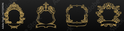 Set of different frame with ribbon in vintage realistic style with place for photo. Collection of various royal luxury avatar with retro design ornament isolated on white background