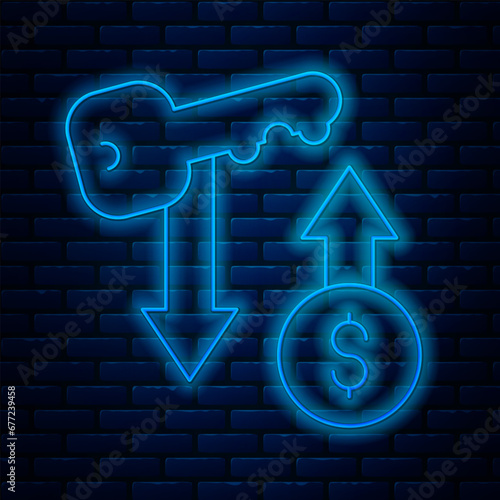 Glowing neon line Rent key icon isolated on brick wall background. The concept of the house turnkey. Vector