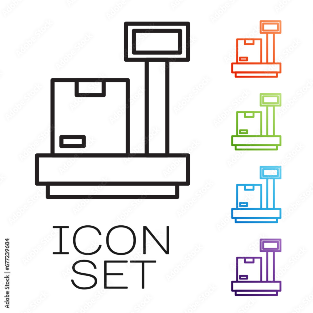 Black line Scale with cardboard box icon isolated on white background. Logistic and delivery. Weight of delivery package on a scale. Set icons colorful. Vector Black line Scale with cardboard box icon isolated on white background. Logistic and delivery. Weight of delivery package on a scale. Set icons colorful. Vector