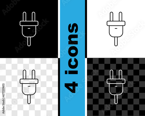 Set line Electric plug icon isolated on black and white, transparent background. Concept of connection and disconnection of the electricity. Vector