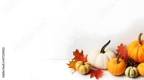 Thanksgiving Autumn leaves and pumpkins on white background with copy space