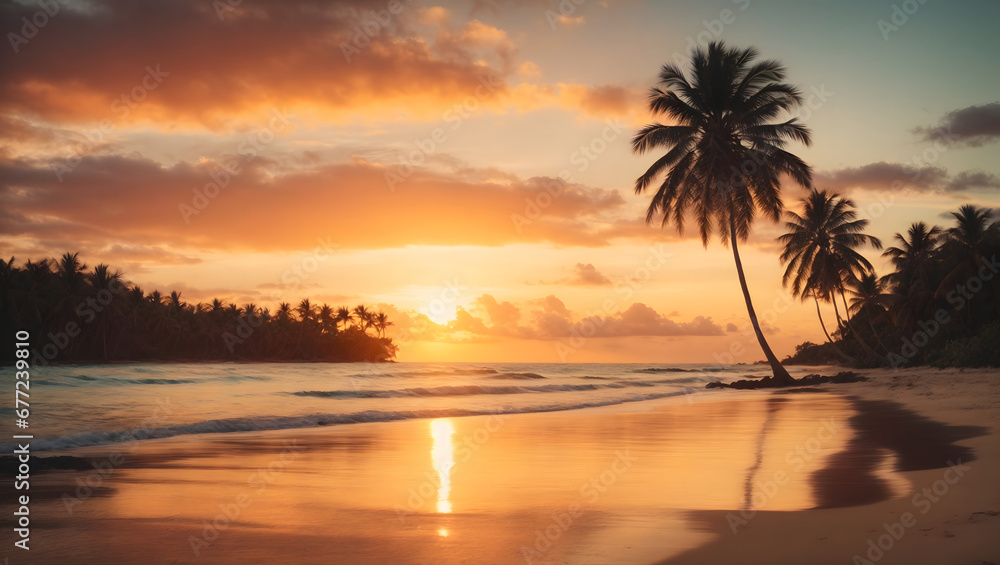 The magic of a wonderful tropical sunset on the beach with palm tree silhouettes, ideal for summer travel and holidays, a guide for lovers of the most beautiful beaches in the world The magic of a wonderful tropical sunset on the beach with palm tree silhouettes, ideal for summer travel and holidays, a guide for lovers of the most beautiful beaches in the world