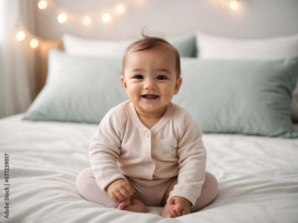 Adorable Baby in White Bodysuit Smiling on Bed: A Perfect Photo for Children’s Products Adorable Baby in White Bodysuit Smiling on Bed: A Perfect Photo for Children’s Products