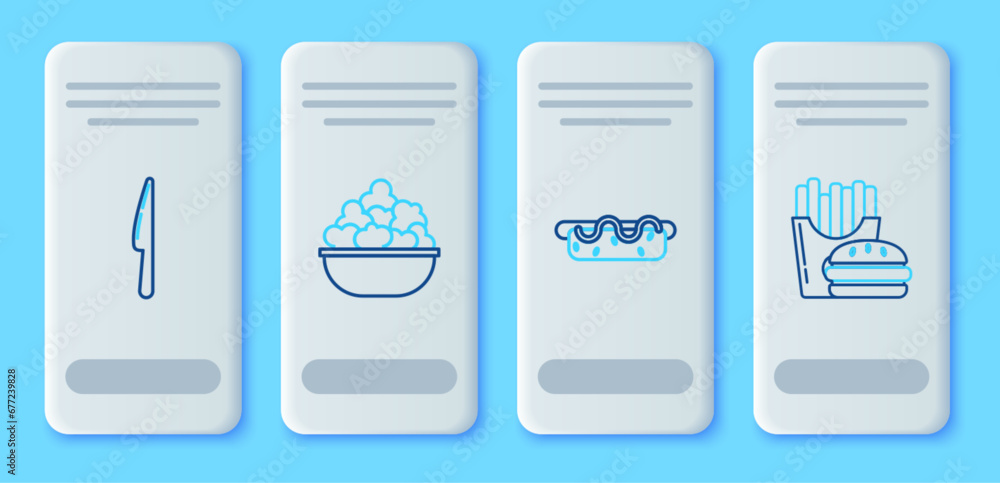 Set line Popcorn in bowl, Hotdog sandwich with mustard, Knife and Burger french fries carton package box icon. Vector
