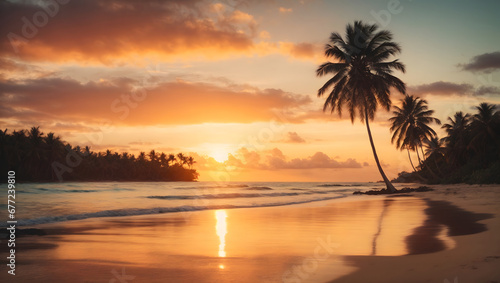 The magic of a wonderful tropical sunset on the beach with palm tree silhouettes  ideal for summer travel and holidays  a guide for lovers of the most beautiful beaches in the world