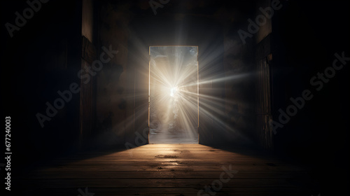 Light entering through open door to a dark empty room, rustic wooden floor