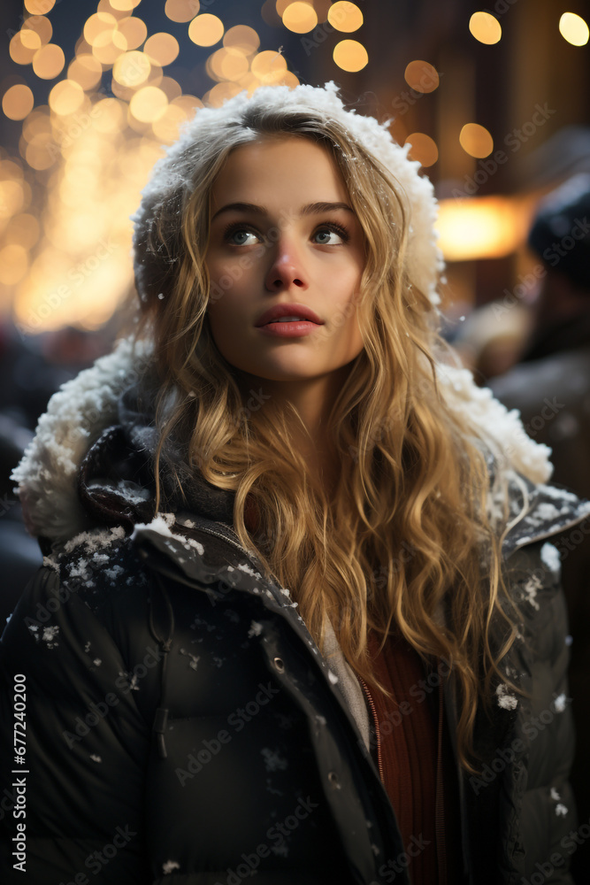 Young blonde woman standing outside in the cold winter, gazing up. Young blonde woman standing outside in the cold winter, gazing up.