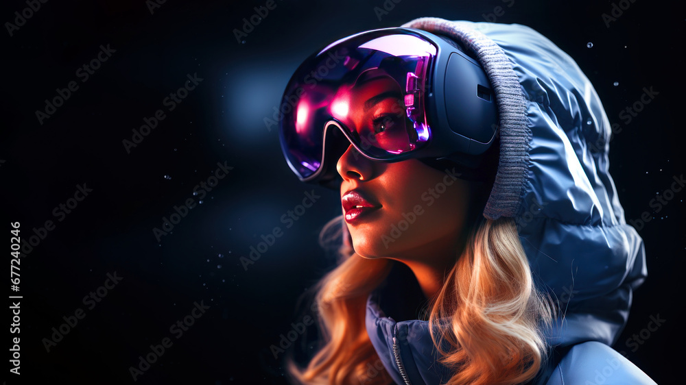 Young woman wearing virtual reality glasses on a black background, concept of the future in the digital world, black background copy space for text
