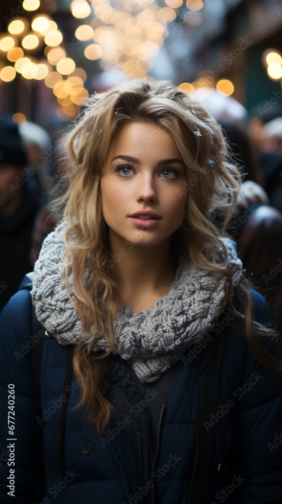 Young blonde woman walking outside in a busy street. Young blonde woman walking outside in a busy street.