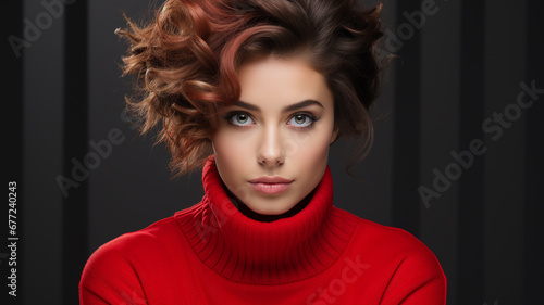 Young woman wearing a red sweater gazing into the camera.