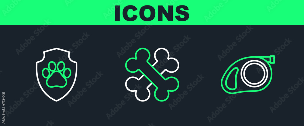 Set line Retractable cord leash with carabiner, Animal health insurance and Crossed bones icon. Vector Set line Retractable cord leash with carabiner, Animal health insurance and Crossed bones icon. Vector