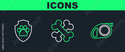 Set line Retractable cord leash with carabiner, Animal health insurance and Crossed bones icon. Vector