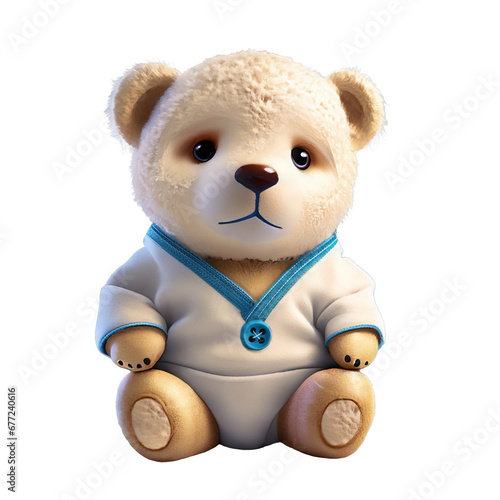 A cute teddy bear stuffed animal toy wearing baby clothes. Generative ai.