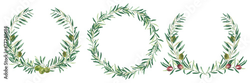Watercolor olive wreaths. Circle frames  borders green and red fruits. Isolated on white background. Hand drawn botanical illustration. Can be used for cards  emblem and food design.