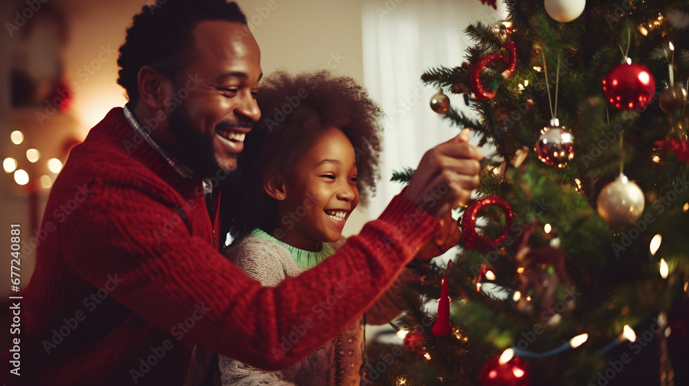 Close up happy African American father with little daughter decorating Christmas tree, smiling dad holding adorable child, helping, family preparing home to New Year celebration, family having fun Close up happy African American father with little daughter decorating Christmas tree, smiling dad holding adorable child, helping, family preparing home to New Year celebration, family having fun