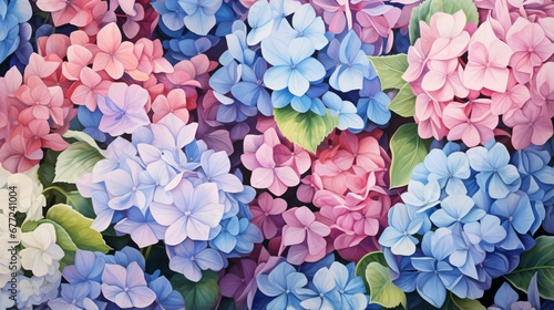 Beautiful hydrangea flowers of different varieties and hues of pink and blue photo
