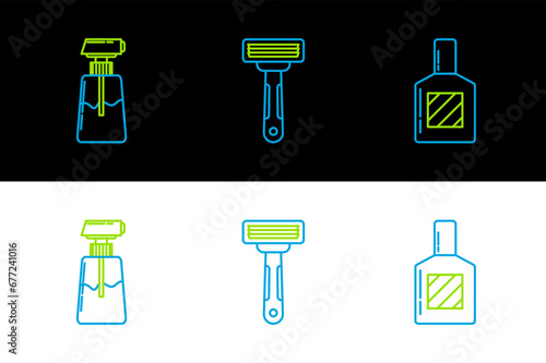 Set line Aftershave, Cream or lotion cosmetic tube and Shaving razor icon. Vector