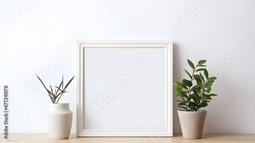 Blank photo frames, candle and houseplant on mantelpiece near white wall © petrrgoskov