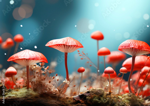 Fantastic abstract background with mushrooms - red fly agarics on a blue background
