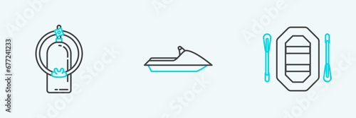 Set line Rafting boat, Aqualung and Jet ski icon. Vector