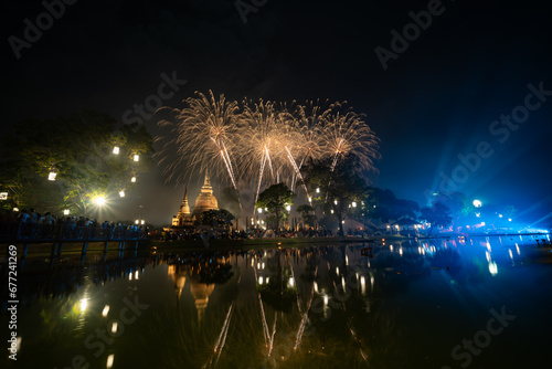 Fireworks at Sukhothai Province in the north of Thailand during the Loi Krathong Light and Candle Burning Festival and New Year