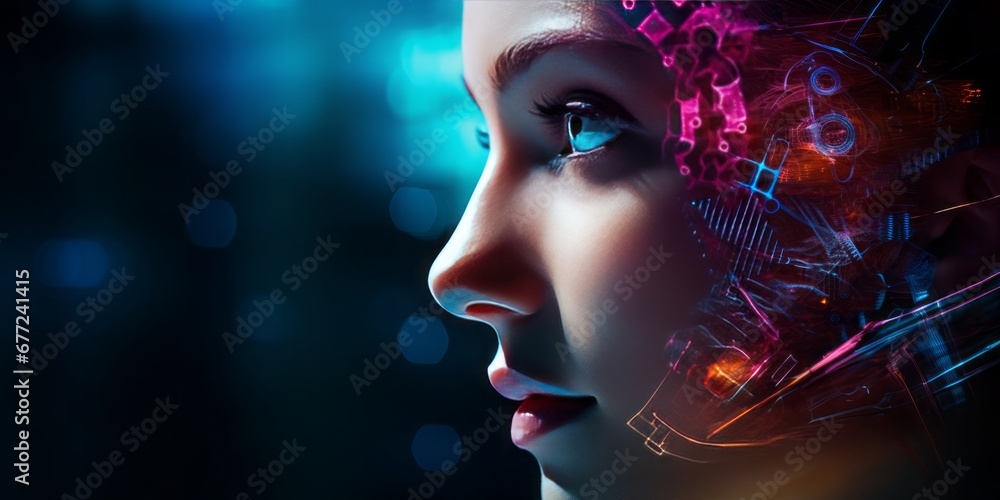 Womans Face Adorned with Communication Symbols, VR Glasses, and a Connection to the Internet, Creating a Technological Tapestry in the Background of Innovation and Virtual Reality Womans Face Adorned with Communication Symbols, VR Glasses, and a Connection to the Internet, Creating a Technological Tapestry in the Background of Innovation and Virtual Reality