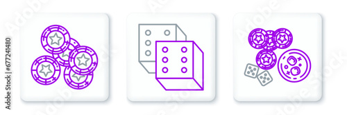 Set line Casino chips, game dice and glass of whiskey with ice cubes, and Game icon. Vector