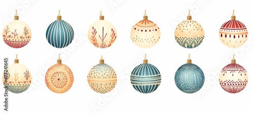 Pattern of Christmas balls illustration in muted christmas colours on white background, christmas theme in scandi boho style. Horizontal banner for posters, advertising. AI generated.